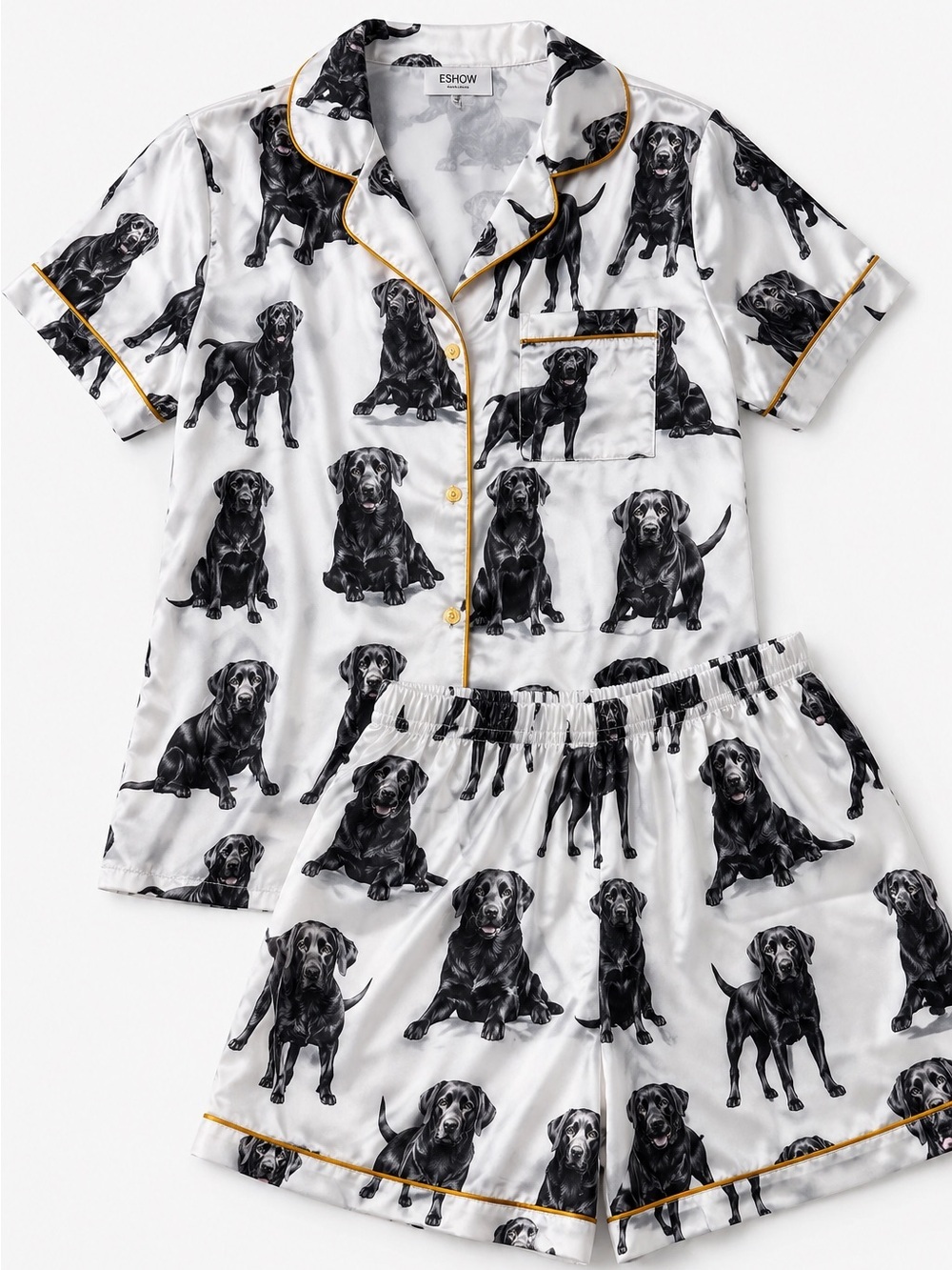 NWT SHESHOW Satin Black Labrador Dog Print Pajama Set Short Sleeve Button Front